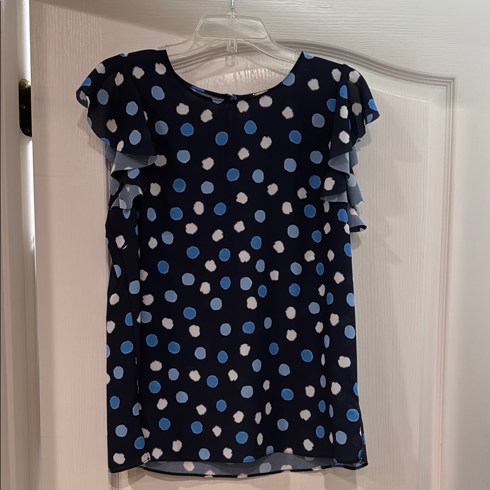 Tahari Polka Dot Ruffle Sleeve Top - Blue and White